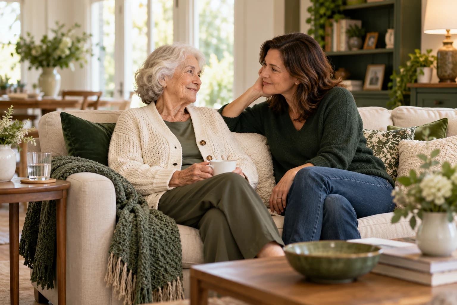 Illustrative home-life scene of an older woman and her daughter