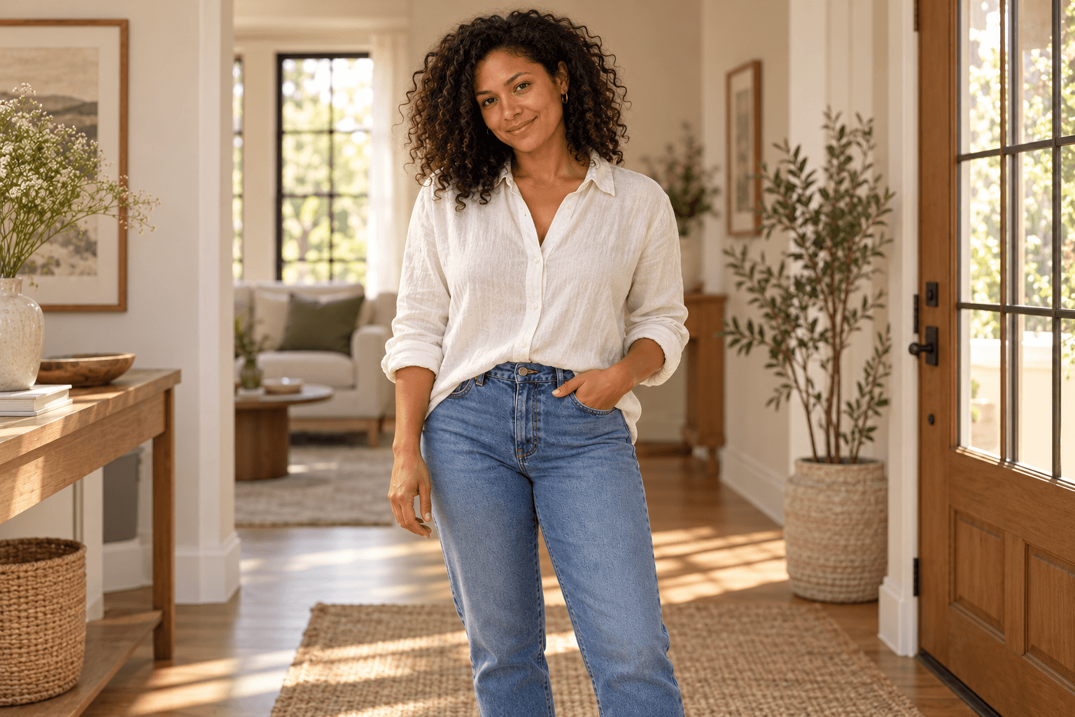Illustrative campaign portrait of a fully clothed woman standing at home