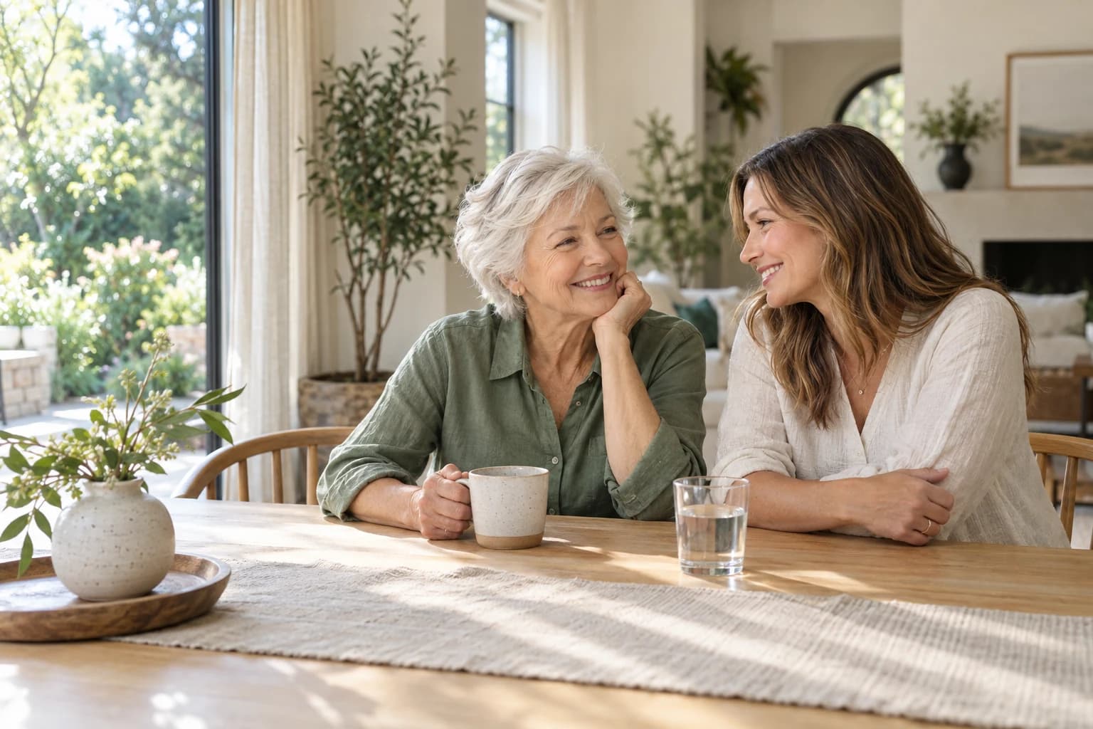 Illustrative home-life scene of an older woman and her adult daughter sharing a relaxed moment