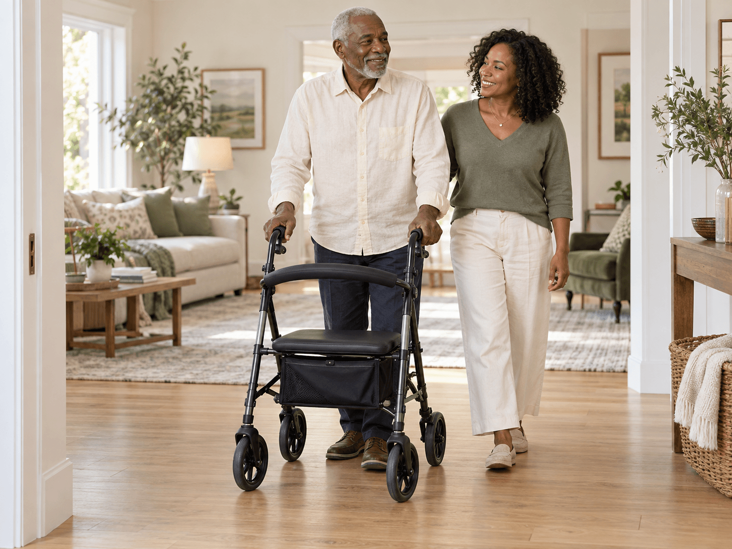 Illustrative scene of an older man and his daughter with a rollator at home